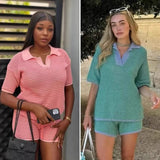 POLO Shirt Loose Blouse Draw Rope Shorts Knitted Women's Two-Piece Fashion Casual HZ0107