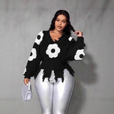 Cross Hole Tuxed Sweater Dark Long Sleeve Loose Knitted Shirt HZ0107
