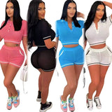 Multi-Colored Hollow Knitted Two-Piece Collar Short-Sleeved Umbilled Blouse + High-Waisted Shorts Sports Leisure Set Spring New HZ0107