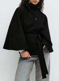 Women's Autumn And Winter New Fashion Pure Color Cape Collar Collar Belt Wind Coat HZ0107