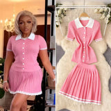 College Style POLO Collar Short-Sleeved Top + High-Waisted 100-Folded Skirt Knitted Two-Piece Suit Woman HZ0107
