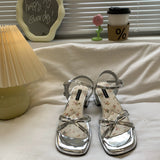 French Water Drill Thick Heel Sandals Women 2025 Summer New Heel With Skirts Plus-Size High-Heeled Fashion Sandals HZ0107