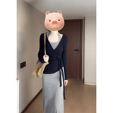 Real Price Pure Hot Girl Gray Hanging Neck Sling Dress Black Cardigan Women Summer Waist Thin Suit