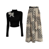 Parkyeon New Chinese-Style Atmosphere With Bow Embroidered Long-Sleeved Blouse Dress Autumn Burst Suit