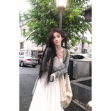 French Gentle Wind Wearing Gray Long-Sleeved Knitted Cardigan Dress Suit For Women's Autumn Slings