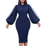 D307 Women's Spring And Autumn Long-Sleeved Large-Size Bag Hip Nail-Bead Mesh Splicing Commuter Pencil Skirt Dress HZ0107