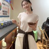 Lazy And Relaxed Sense Of Simple Shoulder Round Neck Short Sleeve T-Shirt High Lumbar Loose Leisure Pants Two Sets