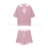 POLO Shirt Loose Blouse Draw Rope Shorts Knitted Women's Two-Piece Fashion Casual HZ0107