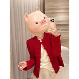 New Chinese Style New Year Red Buckle Sweater Coat Women Autumn And Winter Winter High-End Feeling Super Good-Looking Knitted Open Shirt