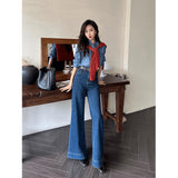 Hong Kong Style Retro Dark Blue Loudspeaker Jeans Women 2025 Spring And Autumn High Waist Hanging Feeling Drag Broad Legs Long Pants