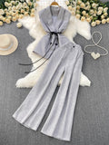 High-Grade Gray West Assembly V-Neck Double Buckle Vest Sleeveless Waist Blouse + High Waist-High-Scretch Broad-Legged Trousers Two