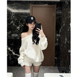 Autumn And Winter New Lazy Wind Soft Knitted Sweater Women High Waist Thin Leisure Shorts Two Sets