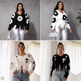 Cross Hole Tuxed Sweater Dark Long Sleeve Loose Knitted Shirt HZ0107