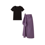 Casual Summer New Relaxation Black Short-Sleeved T-Shirt Blouse High-Waist Purple Color Tying Strap A-Word Half-Dress Woman