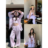 Lazy Wind Relaxation Long-Sleeved Sunscreen Shirt Sling High Waist Hanging Feeling Thin Leisure Pants Three-Piece Summer New Summer