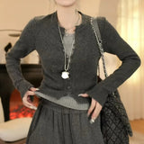 Korean Dark Gray Slim Fake Two Knitted Shirt Women Autumn New Niche Temperament Thin Sweater Top