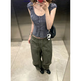 Korean Temperament Lattice Square Collared T-Shirt Woman 2025 Summer To Collect Thin Niche Blouse Broad Leg Slack Suit