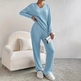 Two Sets Of Women 2025 Autumn New Fashion Casual Straight Pants Temperament Loose V Collar Pit Knitting Sleeve