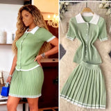 College Style POLO Collar Short-Sleeved Top + High-Waisted 100-Folded Skirt Knitted Two-Piece Suit Woman HZ0107