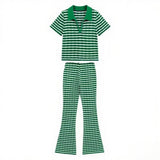 Fashion POLO Shirt With Striped Horn Pants Summer New Knitting Suit Woman HZ0107