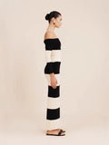 New Women's Fashion Elegant Shoulder-To-Shoulder Knitted Blouse Striped Shoulder-Long Dress