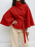 Women's Autumn And Winter New Fashion Pure Color Cape Collar Collar Belt Wind Coat HZ0107