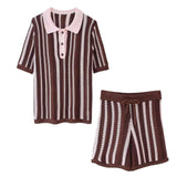 Fashion New Striped Collar Short Sleeve Loose Blouse High-Waist Three-Point Shorts Knitwear Two-Piece Set HZ0107