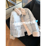 Korean Milk Blue Splicing Short Cotton Clothes Women Wear Thick Warm Cotton Clothes Loose Thin Coat Top