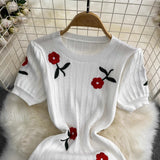 2025 Summer Fashion Temperament Short-Sleeved Round To Receive Waist Thin Long Embroidery Knitted Coat Dress