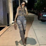 Women's Fashion Jeans Women's Fashion Trend Retro Tuxedo Hanging Diamond Multi-Pocket Workwear Pants HZ0107