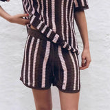 Fashion New Striped Collar Short Sleeve Loose Blouse High-Waist Three-Point Shorts Knitwear Two-Piece Set HZ0107