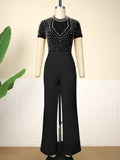 AM221118 Round-Neck Short-Sleeved Nail Beads Jumpsuit Casual Wind High Waist Thin Party Dress Jumpsuit HZ0107