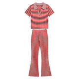 Fashion POLO Shirt With Striped Horn Pants Summer New Knitting Suit Woman HZ0107