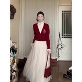 Real Atmosphere Feel Red Fake Two Embroidered Wooden Ear Sweater Women Autumn And Winter Oceanic Knitting Set