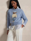 Round-Neck New Women's Bear Embroidered Retro Body Sweater College Style Knitted Shirt Top