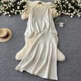 Gentle Windy Woman Languid Languid Breeze With Long-Sleeved Knitted Shirt + High Waist Swing Sweater Half-Dress Skirt