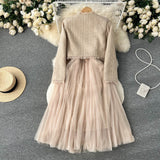 Autumn And Winter Small Fragrant Style Set Of Women's Short Cardigan Coat + Sling Net Yarn Dress Two Sets