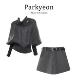 French Old Money Style High-Neck Knitted Cloak Sweater With Gray Shorts Autumn Two Sets