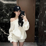 Autumn And Winter New Lazy Wind Soft Knitted Sweater Women High Waist Thin Leisure Shorts Two Sets