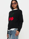 2025 New Women's Knitted Round Collar Loose Top Fashion Cherry Languid Long-Sleeved Sweater