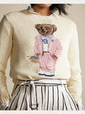 2025 New Knitted Shirt Pink Cartoon Bear Embroidered Knitted Shirt Collar Long-Sleeved Sweater Cute Wind Top Woman