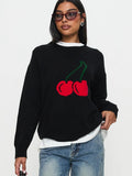 2025 New Women's Knitted Round Collar Loose Top Fashion Cherry Languid Long-Sleeved Sweater