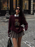 Round-Neck New Women's Bear Embroidered Retro Body Sweater College Style Knitted Shirt Top