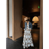 Spring Light Luxury High-End Temperament Sister Little Fragrant Denim Jacket Blue Floral Skirt Set