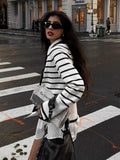 New Women's Black And White Stripes Simple Fashion V-Neck Button Knitted Cardigan Jacket