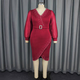 Women's Fashion V-Neck Bubble Sleeve Perspective Dress High Waist Nails Mid-Dresses HZ0107