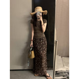 Millard Fashion Style Slim Slim Solid Color Coat With Broken Flower Skirt Set